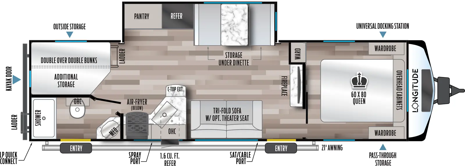 The 285BH has one slideout and two entries. Exterior features front pass-through storage with universal docking station, 21 foot awning, satellite/cable port, refrigerator, spray port, LP quick connect, and rear ladder and kayak door. Interior layout front to back: foot-facing queen bed with overhead cabinets, wardrobes on each side, and off-door side wardrobe; fireplace and TV along inner wall; off-door side slideout with dinette with storage below, refrigerator, and pantry; door side entry, tri-fold sofa (optional theater seat), kitchen counter with extension, sink, overhead cabinet, microwave, and cooktop with air fryer below; rear off-door side double over double bunks with bike storage; rear door side full pass-through bathroom with medicine cabinet, overhead cabinet, and second entry.